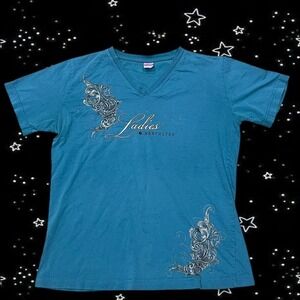 Blue Y2K style v-neck graphic tee with silver accents tagged size large